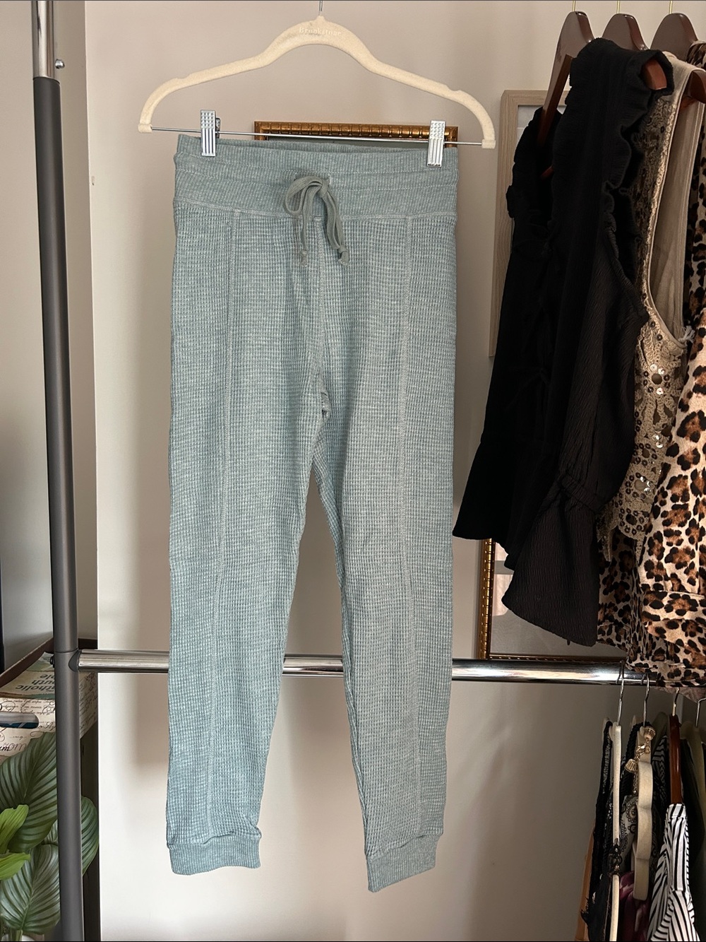 A new day S Cozy teal Green Waffle Knit fitted Joggers leggings